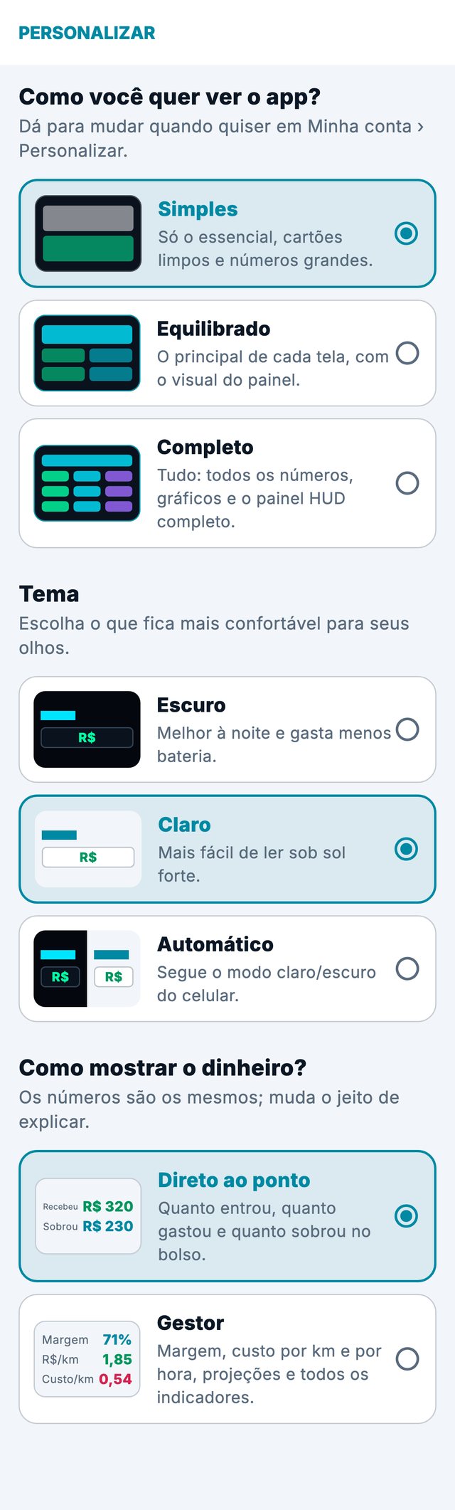 Tela Personalizar com as opções de visual, tema e forma de mostrar o dinheiro